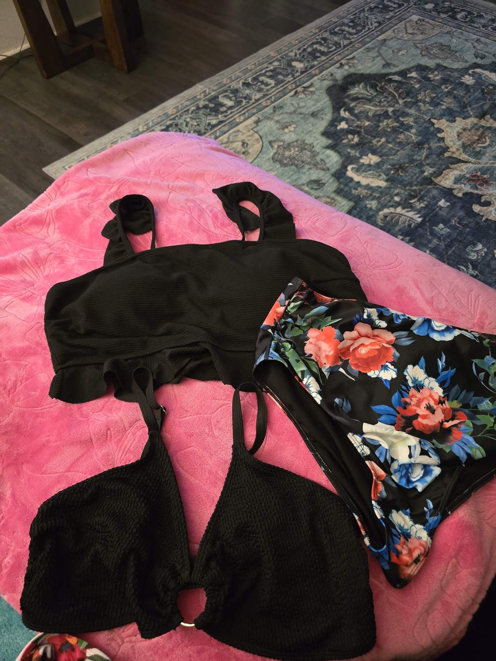 Black Bikini Set with Floral High-Waist Bottoms